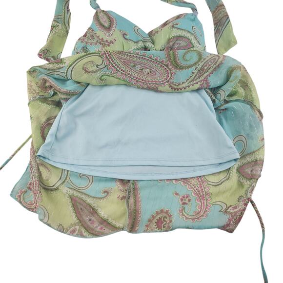 Vintage Y2k Halter Top Small 2000s Paisley Green Blue Lace Chiffon Fairycore - Picture 7 of 15